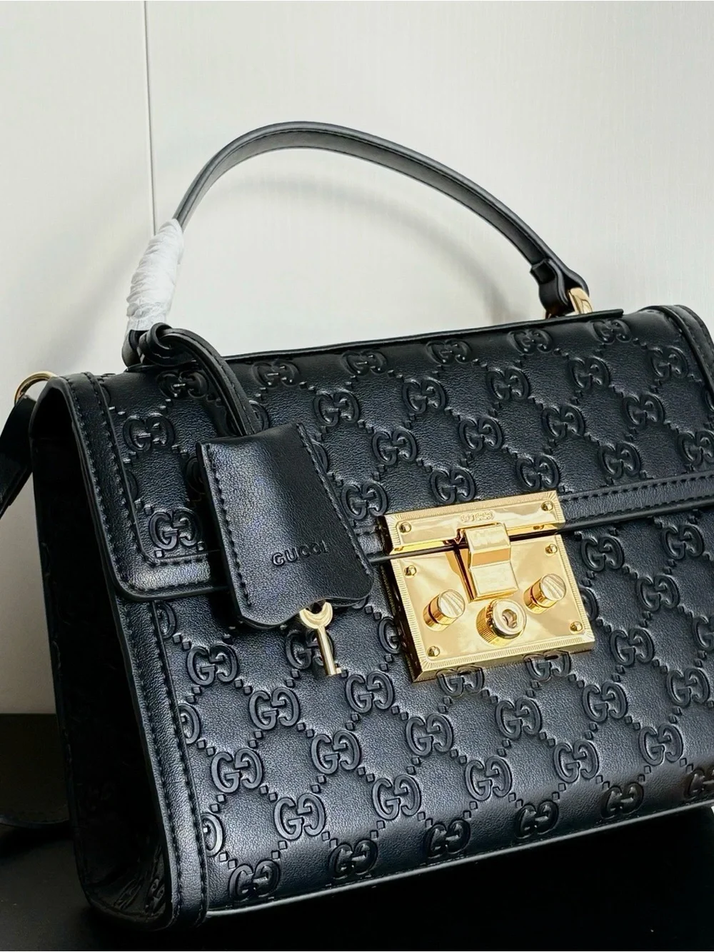 Gucci Black Embossed Leather Top Handle Satchel with Gold Hardware